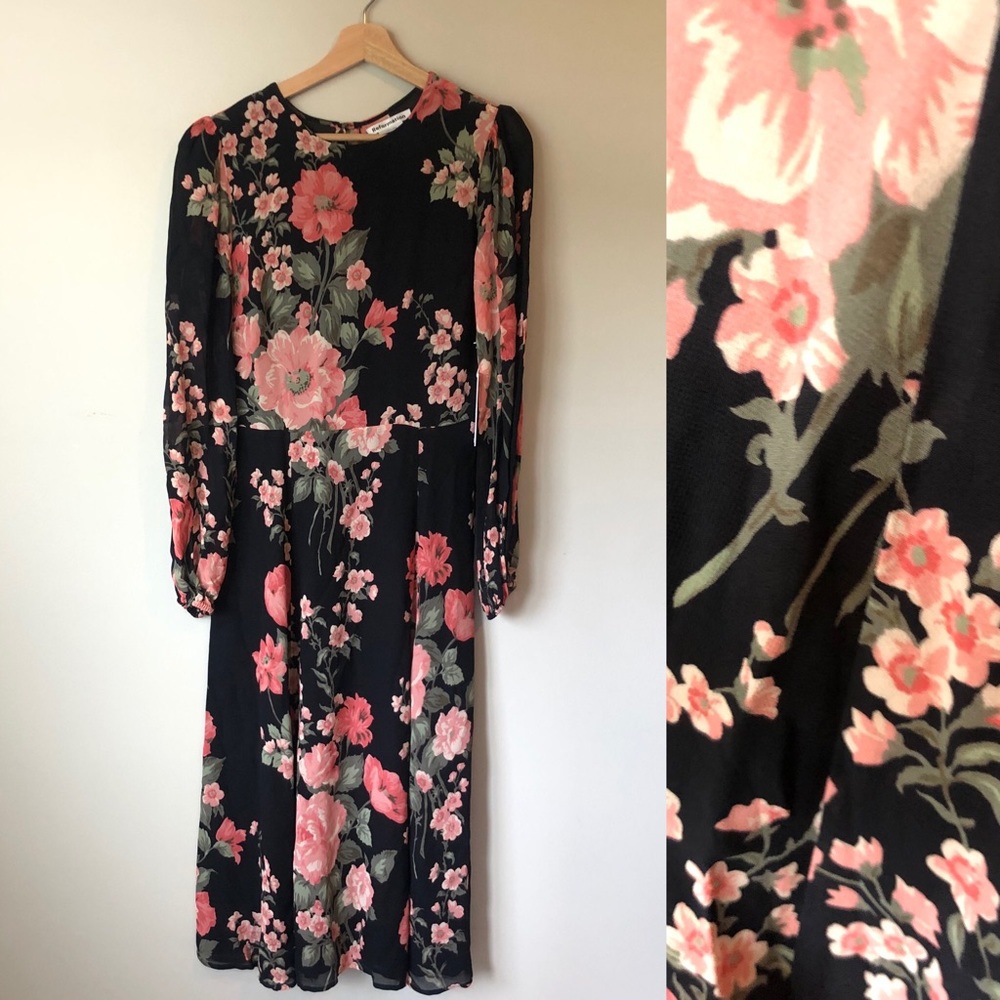 Reformation Black Floral Midi Dress with Pink & Green Blooms - Picture 4 of 7